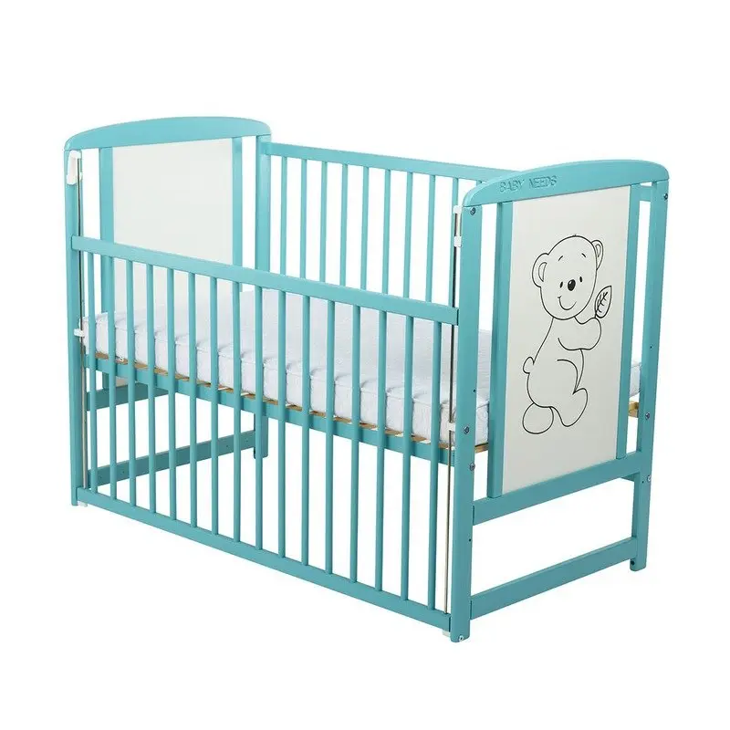 Patut din lemn bebe, 120x60 cm, Cu laterala culisanta, Din lemn de pin si mdf, Stabil si rezistent, Inaltime saltea reglabila pe 3 nivele, Laterala cu 3 bete detasabile, EN716-1, EN716-2, Mint, Babyneeds, Timmi