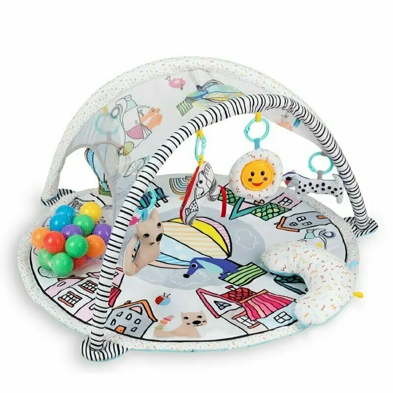Salteluta interactiva, Qmini, Abby, Cu muzica, 20 bile, 6 jucarii, Pentru activitati educationale, 85x85 cm, Multicolor