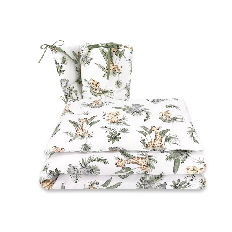 Lenjerie patut 3 piese, Qmini, Pentru patut 120x60 cm, Cu protectie laterala, Din bumbac certificat Oeko Tex Standard 100, Safari
