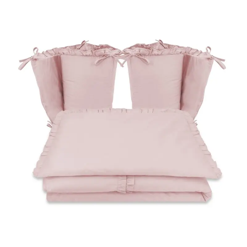 Lenjerie patut cu 4 piese, MimiNu, Pentru patut 120x60 cm, Cu doua protectii laterale, Cu volanase, Din bumbac certificat Oeko Tex Standard 100, Colectia Royal, Powder Pink
