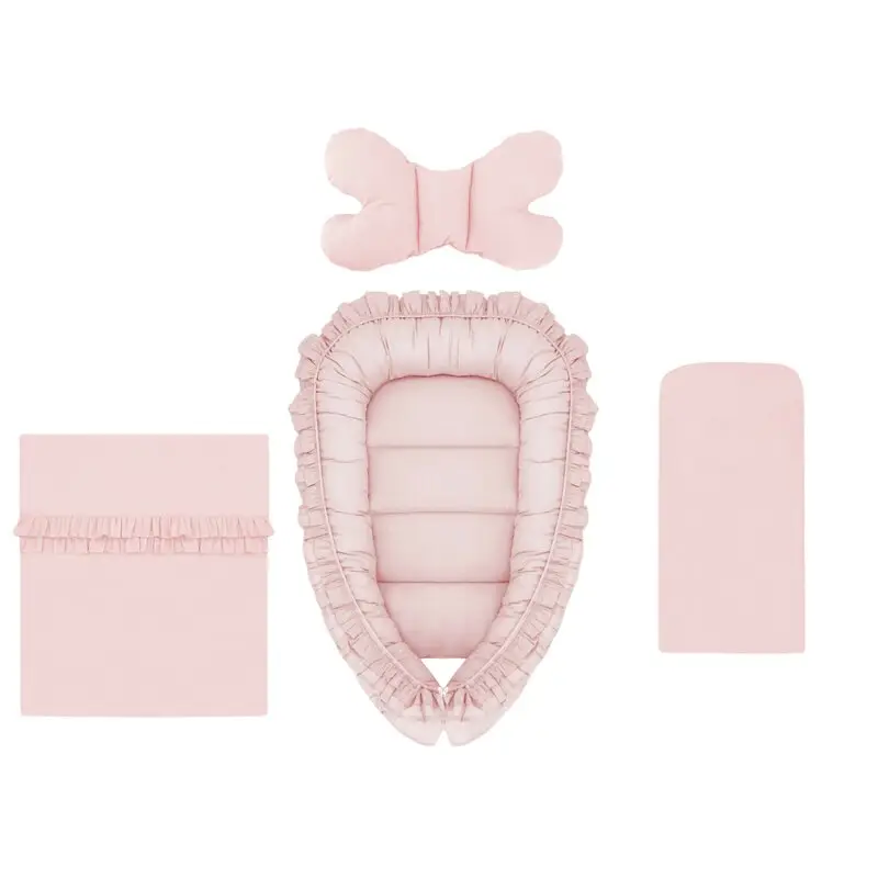 Set 4 in 1 Cosulet bebelus, MimiNu, Baby Cocoon 75x55 cm, Cu volanase, Husa bumbac, Din bumbac certificat Oeko Tex Standard 100, Cu paturica cu volanase 50x70 cm, Cu salteluta, Cu perna fluture, Colectia Royal, Powder Pink