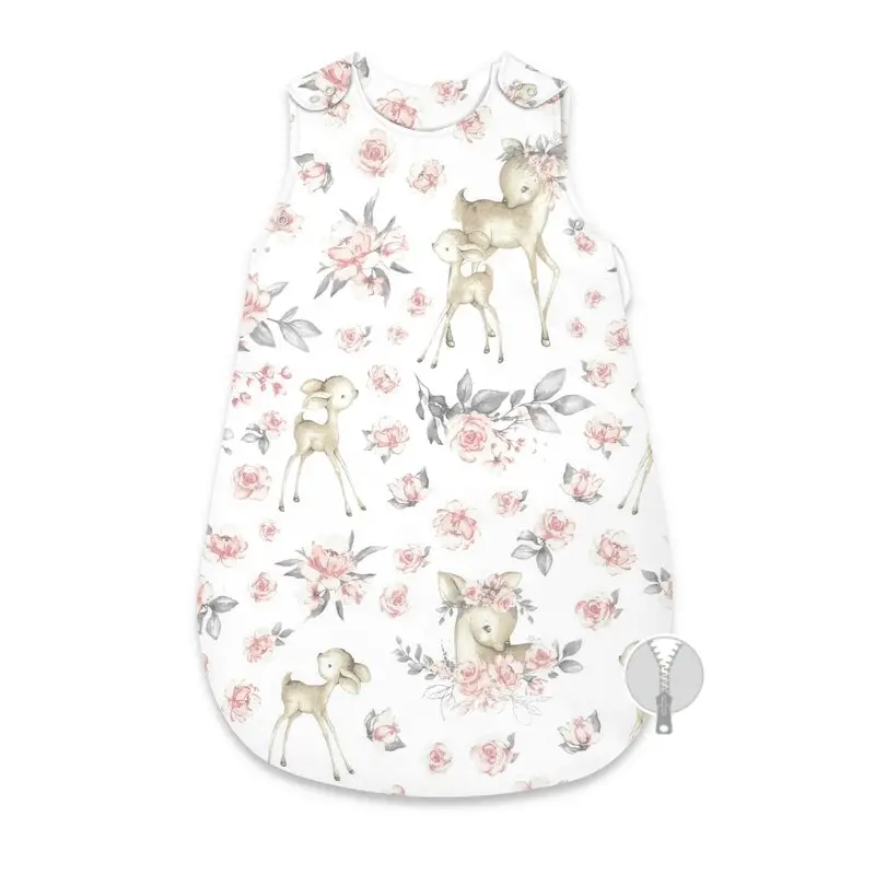 Sac de dormit, MimiNu, Pentru bebelusi, De iarna, Din bumbac certificat Oeko Tex Standard 100, Cu fermoar lateral, Cu capse pe umar, 70 cm, 0 - 6 luni, 2.5 Tog, Sweet Deer Pink