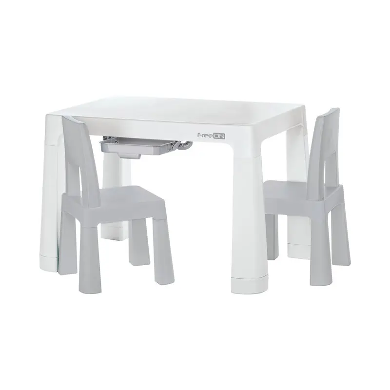 Set masuta si doua scaune, FreeON, Neo, Pentru copii, Cu doua sertare, Cu masa reglabila la doua inaltimi, Conform cu standardele europene de securitate EN71-1;2018, EN71-2:2020, EN71-3:2021, Gri