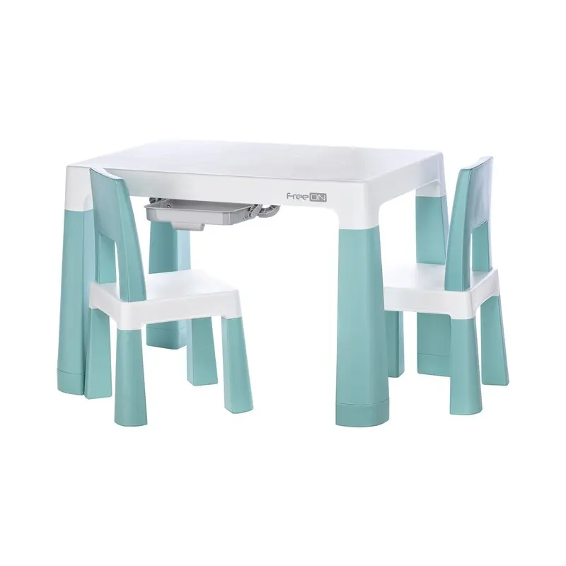 Set masuta si doua scaune, FreeON, Neo, Pentru copii, Cu doua sertare, Cu masa reglabila la doua inaltimi, Conform cu standardele europene de securitate EN71-1;2018, EN71-2:2020, EN71-3:2021, Verde