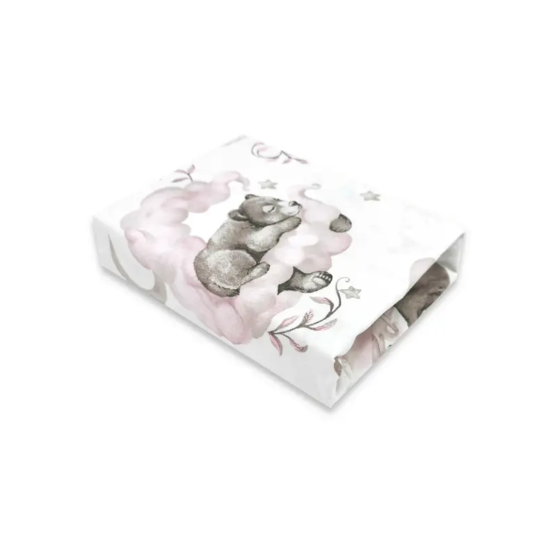 Cearceaf cu elastic, Qmini, Pentru patut 120x60 cm, Din bumbac certificat Oeko Tex Standard 100, Teddy Bear and Friends Pink
