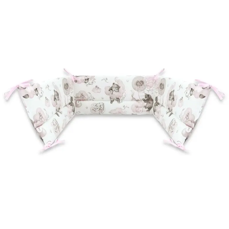 Aparatoare pentru patut, Qmini, Din bumbac certificat Oeko Tex Standard 100, 180x30 cm, Cu panglici, Teddy Bear and Friends Pink