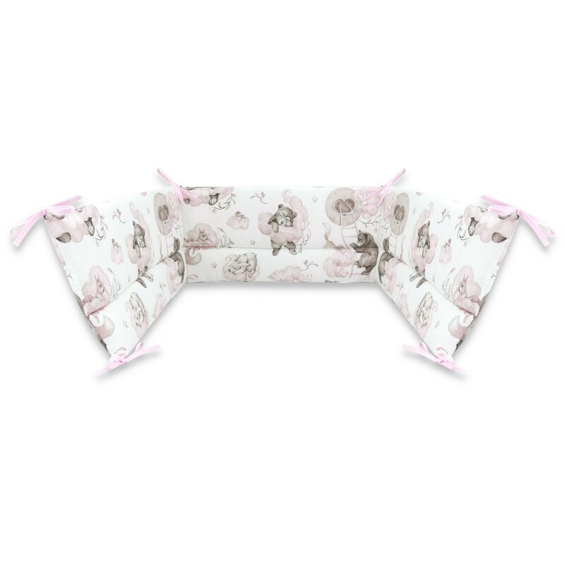 Aparatoare pentru patut, Qmini, Din bumbac certificat Oeko Tex Standard 100, 180x30 cm, Cu panglici, Teddy Bear and Friends Pink