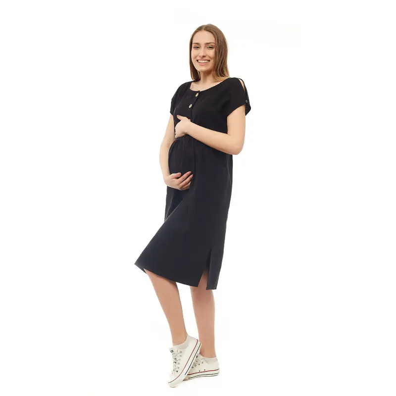 Rochie pentru gravide si pentru alaptare, Qmini, L/XL, Din in si poliester, Confortabila si lejera, Black