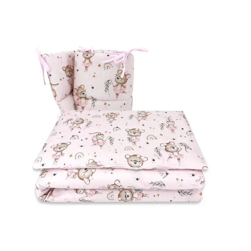 Lenjerie patut cu 3 piese, MimiNu, Pentru patut 120x60 cm, Cu protectie laterala, Din bumbac certificat Oeko Tex Standard 100, Design, Little Ballerina Pink