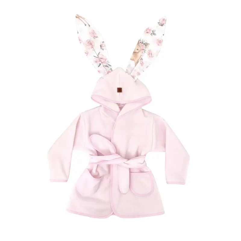 Halat de baie, MimiNu, Cu urechi, 2 - 5 ani, Moale, Cu buzunare, Cu cordon, Din bumbac si thermo fleece, Materiale certificate Oeko Tex Standard 100, Sweet Deer Pink