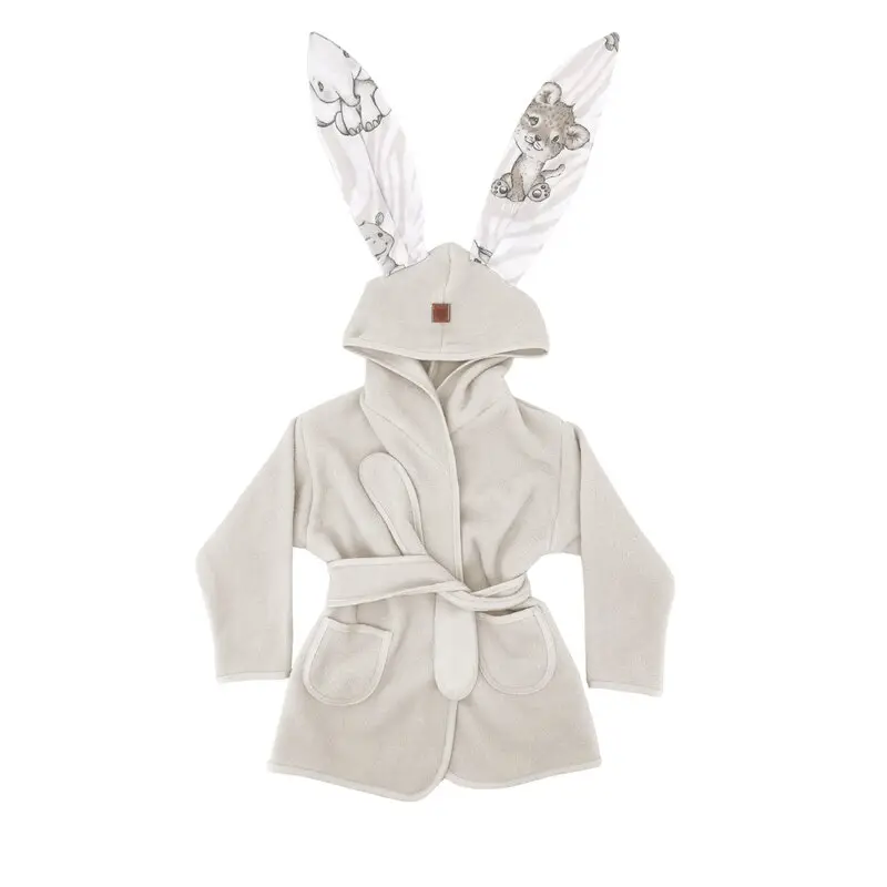 Halat de baie, MimiNu, Cu urechi, 2 - 5 ani, Moale, Cu buzunare, Cu cordon, Din bumbac si thermo fleece, Materiale certificate Oeko Tex Standard 100, Safari Beige