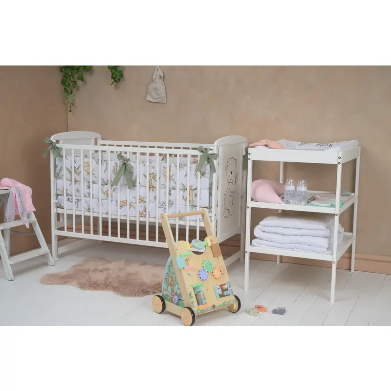 Babyneeds - Patut din lemn de pin Timmi 120x60 cm, EN716-1, EN716-2, Inaltime saltea reglabila pe 3 nivele, Laterala cu 3 bete detasabile, Alb + Saltea 12 cm + Qmini - Masuta de schimbat, 70x50 cm, Alb