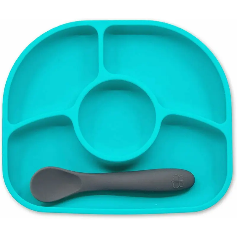 Set de masa, BBluv, Yumi, Farfurie compartimentata si lingurita, Cu 4 compartimente, Fara BPA, Aqua