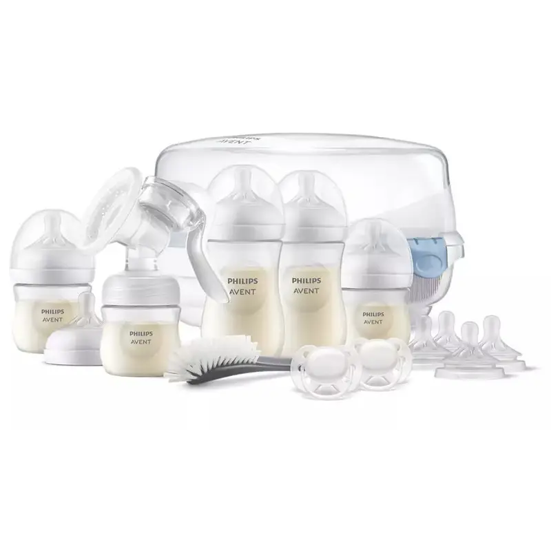 Pompa manuala de san, Philips Avent, Set cadou cu biberoane anticolici Natural Response, suzete si sterilizator microunde, Fara BPA, 0 luni+, Alb