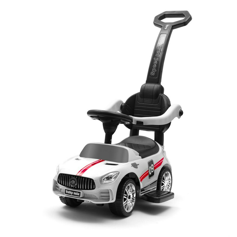 Masinuta de impins, Baby Mix, Racer, Cu maner de impins detasabil, Cu protectii laterale, Cu melodii si claxon, Cu suport jucarii sub sezut, Alb