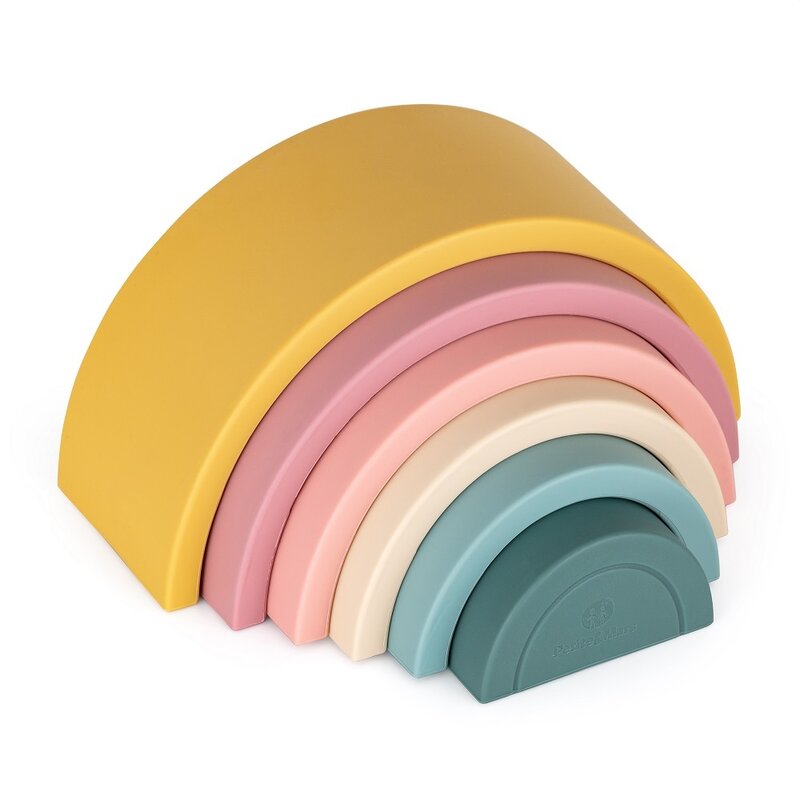 Jucarie pentru stivuire, Petite&Mars, Curcubeu, 14x7.5x5 cm, Silicon, Fara BPA, 6 piese, 12 luni+, Galben