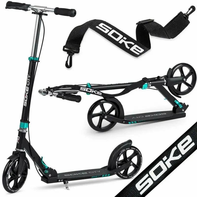 Trotineta de oras, Clasica, cu 2 roti, frana de mana, Soke, City, Aluminiu, Greutate maxima utilizator 100 Kg, Negru/Turcoaz