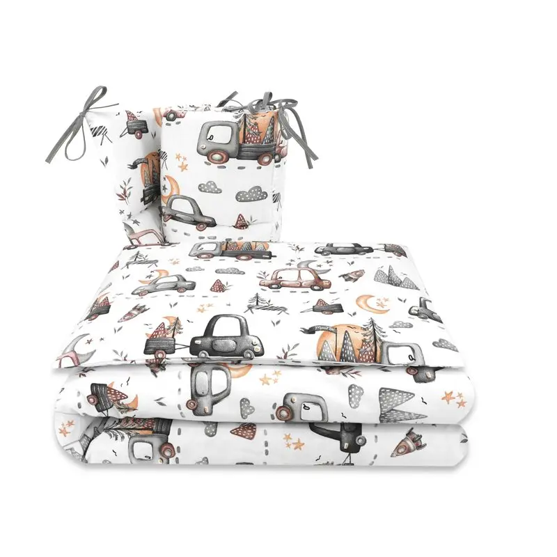 Lenjerie patut cu 3 piese, MimiNu, Pentru patut 120x60 cm, Cu protectie laterala, Din bumbac certificat Oeko Tex Standard 100, Design, Cars Grey