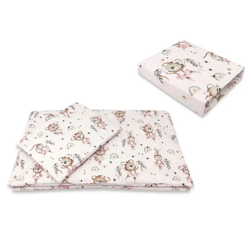 Lenjerie patut cu 3 piese, MimiNu, Cu cearceaf 120x60 cm, Pilota, Pernuta, Din bumbac certificat Oeko Tex Standard 100, Design, Little Ballerina Pink