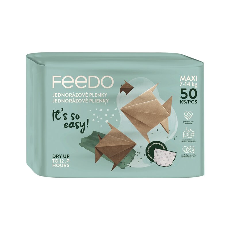 Set 50 scutece, Feedo, Maxi, De unica folosinta, Pentru 7-14 kg, 0 luni+