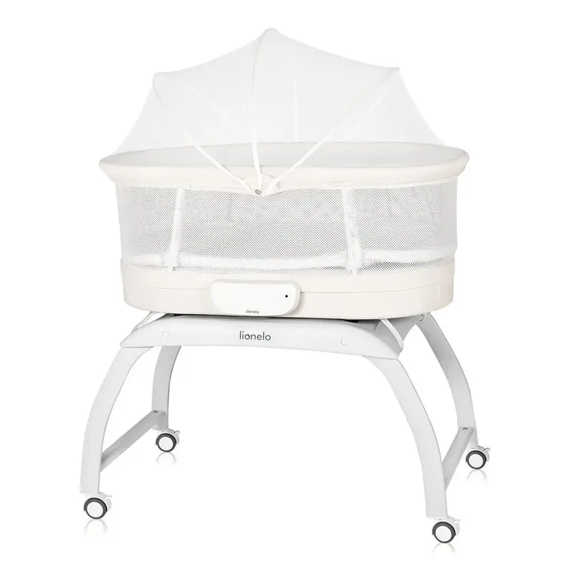 Patut balansoar, Lionelo, Coral, Cu landou ergonomic detasabil, Functie de balansare integrata, Functie de cantar, Sunete si cantece de leagan, Cu roti, Panou tactil sau telecomanda, 0-9 kg, EN 1130:2019+AC:2020,EN 16890:2017+A1:2021, Alb