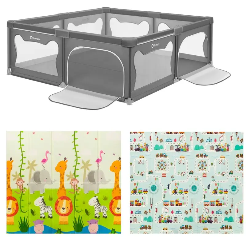 Pachet Tarc de joaca copii, Lionelo, Willow XL,180 x 200 cm, Conform cu EN 12227:2010, Gri si Covoras educativ, Lionelo, Robby, Impermeabil, 200 x 180 cm