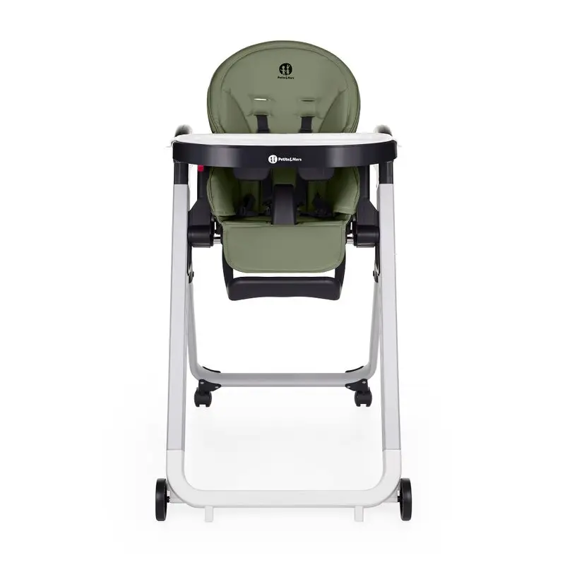 Scaun de masa, Petite&Mars, Tasty, Multifunctional, Pana la 15 kg, Reglabil pe inaltime in 7 pozitii, Spatar reglabil pana la 175 grade, Suport picioare si tavita reglabile, Cu roti, Aluminiu, Mature Olive