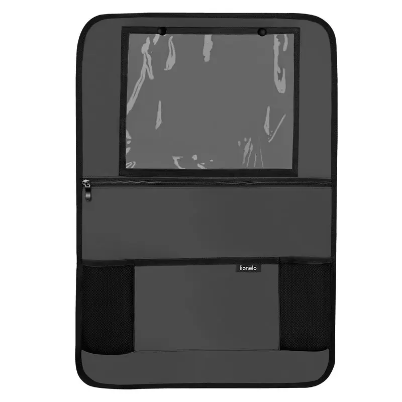 Organizator auto, Lionelo, Cu 5 buzunare de diferite dimensiuni, Cu buzunar pentru tableta, Montare cu clema, Piele ecologica, Impermeabila, Gri
