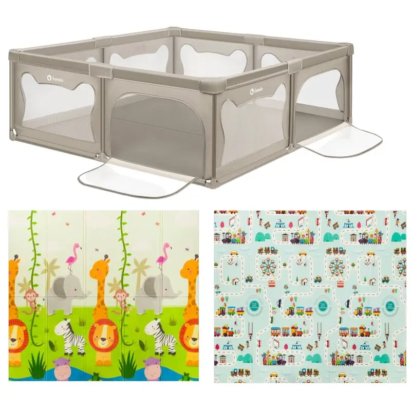 Pachet Tarc de joaca copii, Lionelo, Willow XL,180 x 200 cm, Conform cu EN 12227:2010, Bej si Covoras educativ, Lionelo, Robby, Impermeabil, 200 x 180 cm