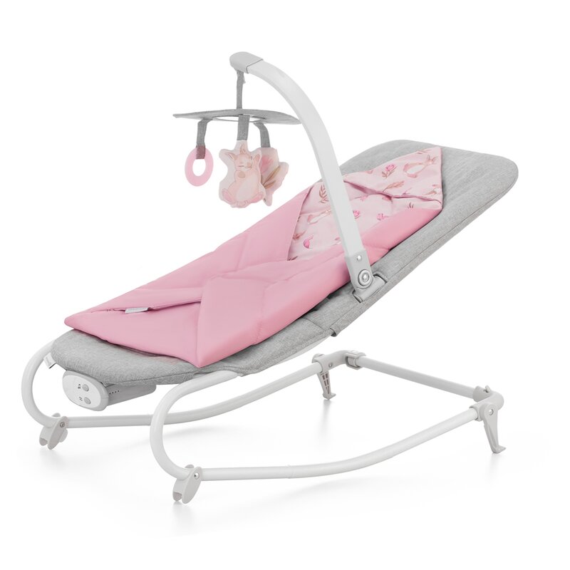 Fotoliu balansoar, Kinderkraft, Felio 2, Cu arcada cu jucarii, Reglare spatar in 3 pozitii, Pernuta moale invelita in tesatura de bambus, Pliabil, 0-6 luni, Peony Rose