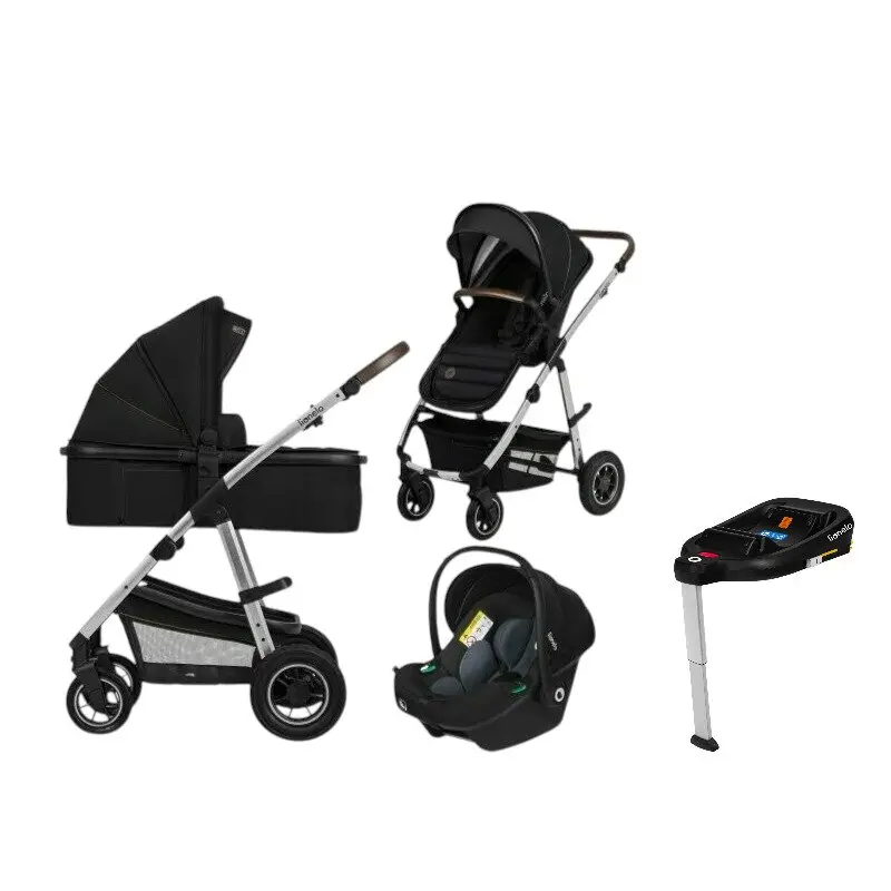Carucior 4 in 1, Lionelo, Amber, Cu landou intarit si salteluta moale, Cu scoica auto testata ADAC, Baza isofix pentru scoica, Reversibil, Cu accesorii, Pana la 22 kg, EN1888-1 EN1888-2 EN1466 ECE R129, Negru silver