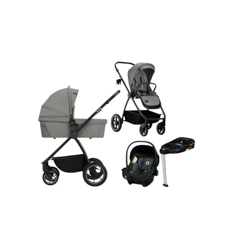 Carucior 4 in 1, Lionelo, Meril, Cu landou de dimensiune XL, Reversibil, Cu scoica auto testata ADAC, Baza isofix pentru scoica, Cu accesorii, Pana la 22 kg, Conform cu EN1888-1 EN1888-2, EN1466, Gri