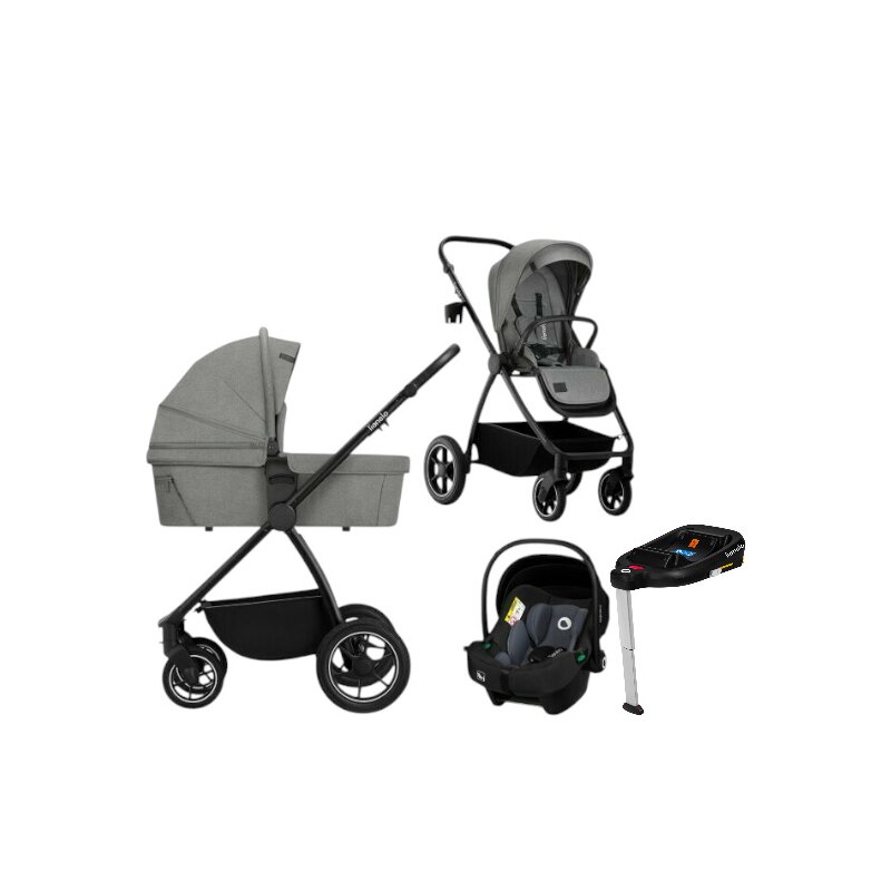 Carucior 4 in 1, Lionelo, Meril, Cu landou de dimensiune XL, Reversibil, Cu scoica auto testata ADAC, Baza isofix pentru scoica, Cu accesorii, Pana la 22 kg, Conform cu EN1888-1 EN1888-2, EN1466, Gri