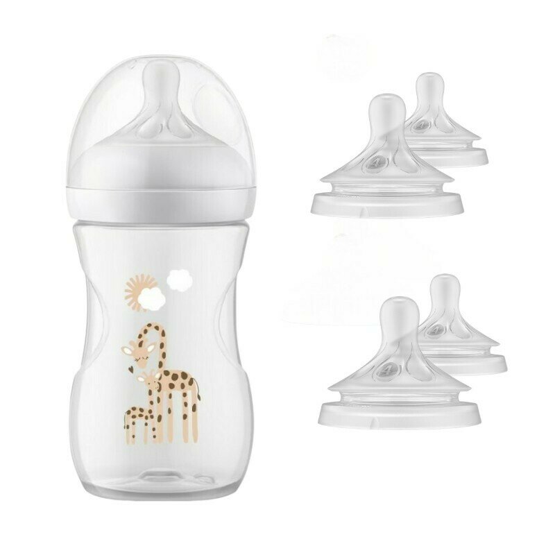 Set 1 x biberon, Philips Avent, Natural Response, +1 luna, 260 ml, Anticolici, Girafa+ 4 x tetine cu debit 4 (mediu), 3 luni+