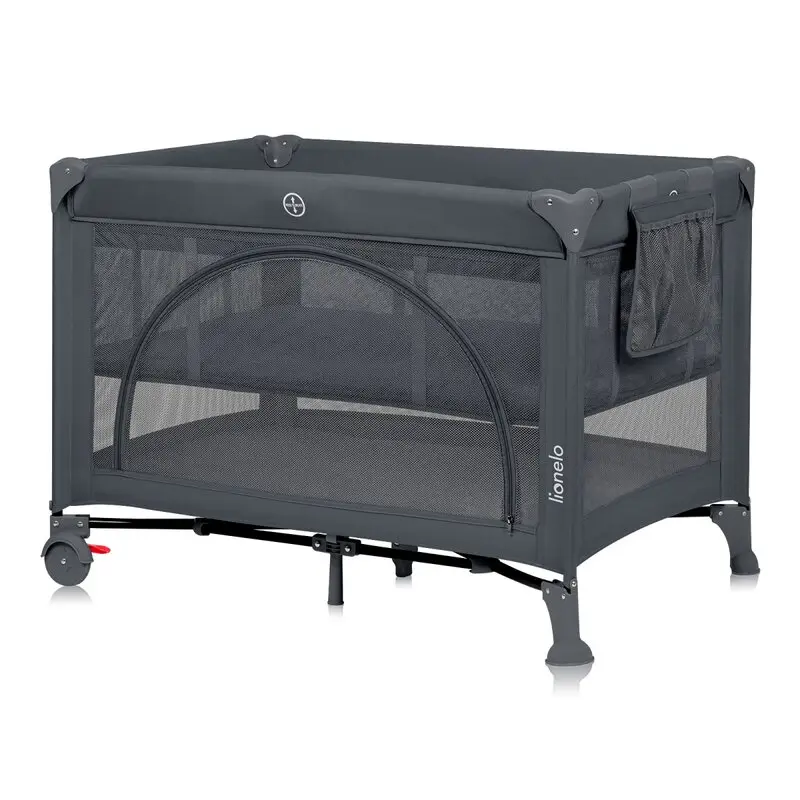 Patut pliant, Lionelo, Laura, 102 x 74 cm, Cu doua nivele, Functie de tarc, Cu roti, Include salteluta si geanta de transport, Pereti din plasa, Deschidere laterala, Pana la 15 kg, 0 luni +, Gri