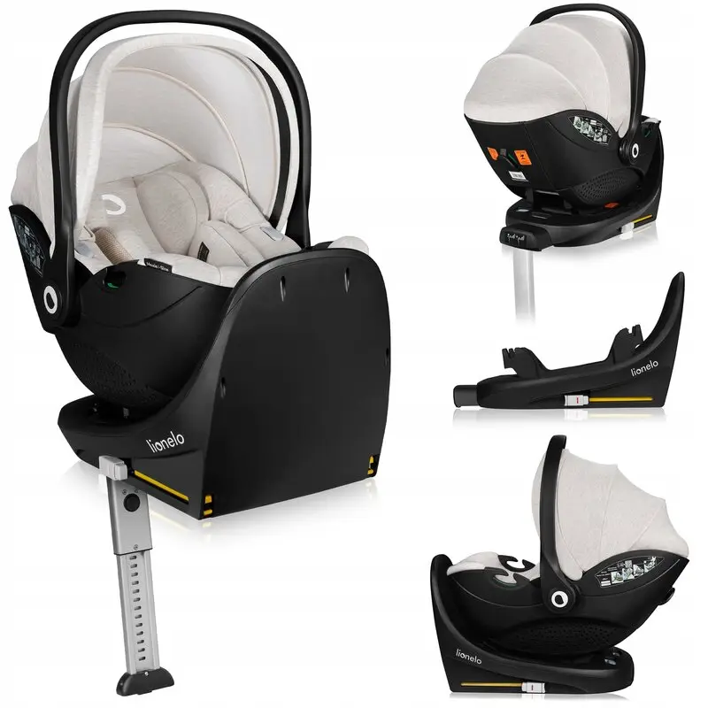 Scoica auto, Lionelo, Moxie, i-Size, Include baza rotativa 360 cu picior de fixare, 40-87 cm, Tetiera reglabila, intarita cu spuma de memorie, Carcasa ventilata, Din bambus, Protectie avansata, Conform R129, Bej
