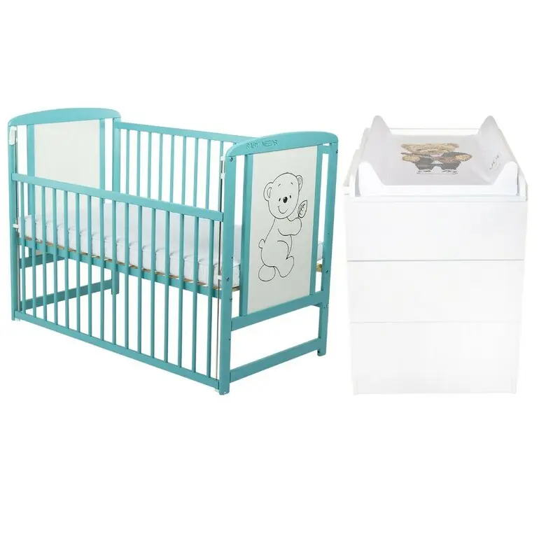 Set mobilier pentru copii, BabyNeeds: Patut din lemn de pin, cu laterala culisanta si somiera reglabila in 3 trepte, Timmi, 120x60 cm + Saltea cocos-burete-cocos, 12 cm + Comoda cu masuta de infasat, Alb/Mint