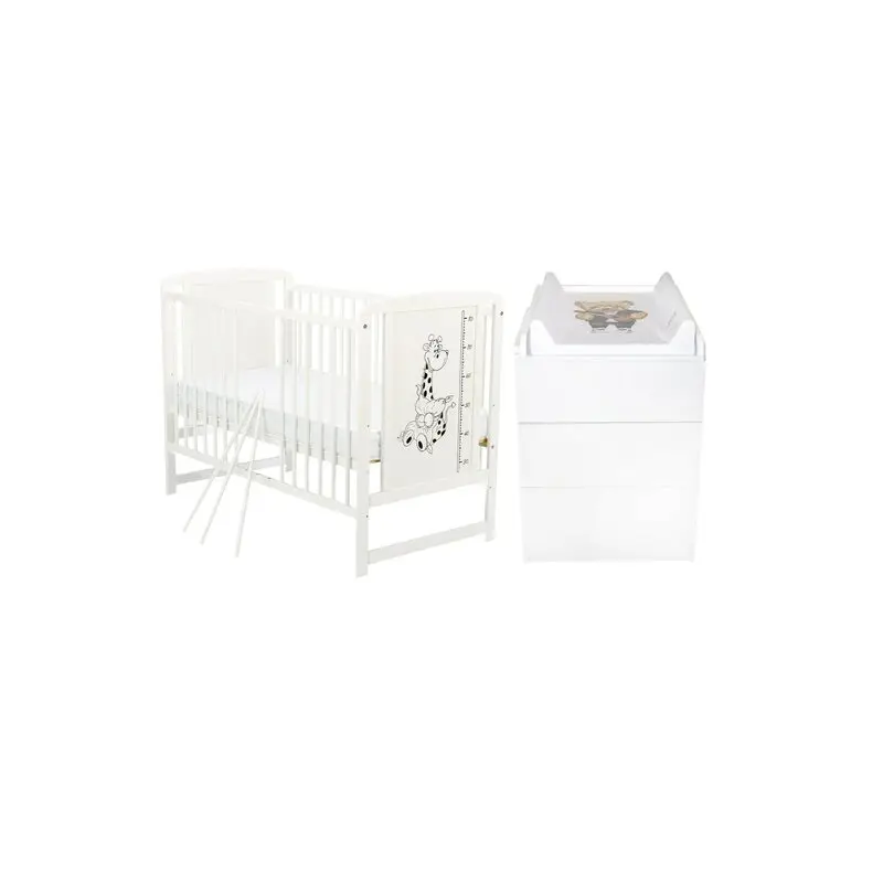 Set mobilier pentru copii, BabyNeeds: Patut din lemn de pin, cu somiera reglabila in 3 trepte, Timmi Girafa, 120x60 cm + Saltea cocos-burete 12 cm + Comoda cu masa de infasat, Alb