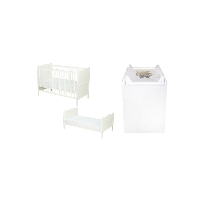 Set mobilier pentru copii, Qmini: Patut multifunctional din lemn de pin, cu somiera reglabila in 3 trepte si cu protectie pentru dentitie, Julia, 120x60 cm + Saltea cocos-burete 12 cm + Comoda cu masa infasat, Alb