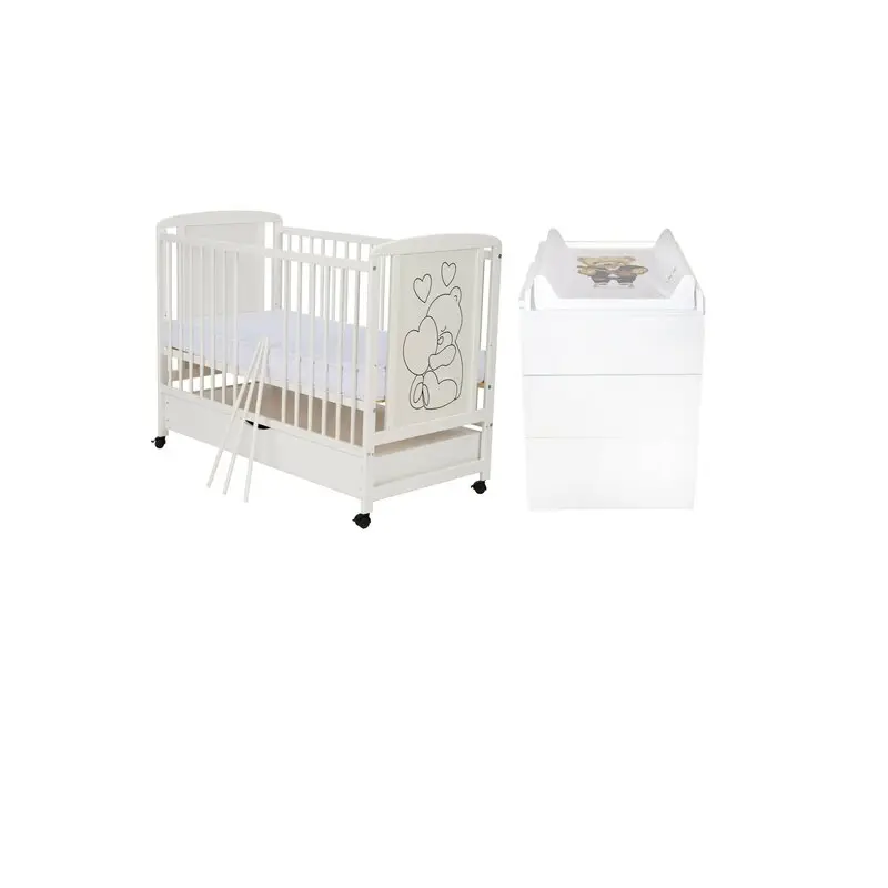 Set mobilier pentru copii, Qmini: Patut din lemn de pin si MDF cu roti, cu sertar cu capac si somiera reglabila in 3 trepte, Timmi Heart, 120x60 cm + Saltea cocos-burete-cocos, 12 cm + Comoda cu masuta de infasat, Alb