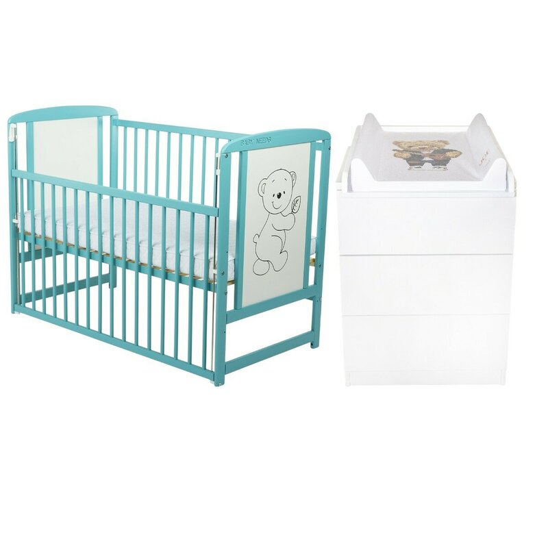 Set mobilier pentru copii, BabyNeeds: Patut din lemn de pin, cu laterala culisanta si somiera reglabila in 3 trepte, Timmi, 120x60 cm + Saltea cocos-burete-cocos, 8 cm + Comoda cu masuta de infasat, Alb/Mint