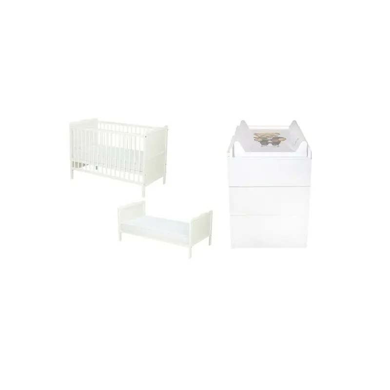 Set mobilier pentru copii, Qmini: Patut multifunctional din lemn de pin, cu somiera reglabila in 3 trepte si cu protectie pentru dentitie, Julia, 120x60 cm + Saltea cocos-burete 10 cm + Comoda cu masa infasat, Alb