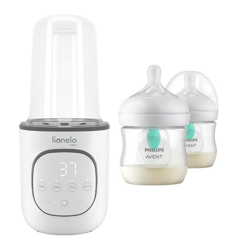 Set incalzitor biberoane, Lionelo, ThermUp 2.0, multifunctional + 2x biberoane, Philips Avent, Cu supapa AirFree, 0 luni+, 125 ml, Alb