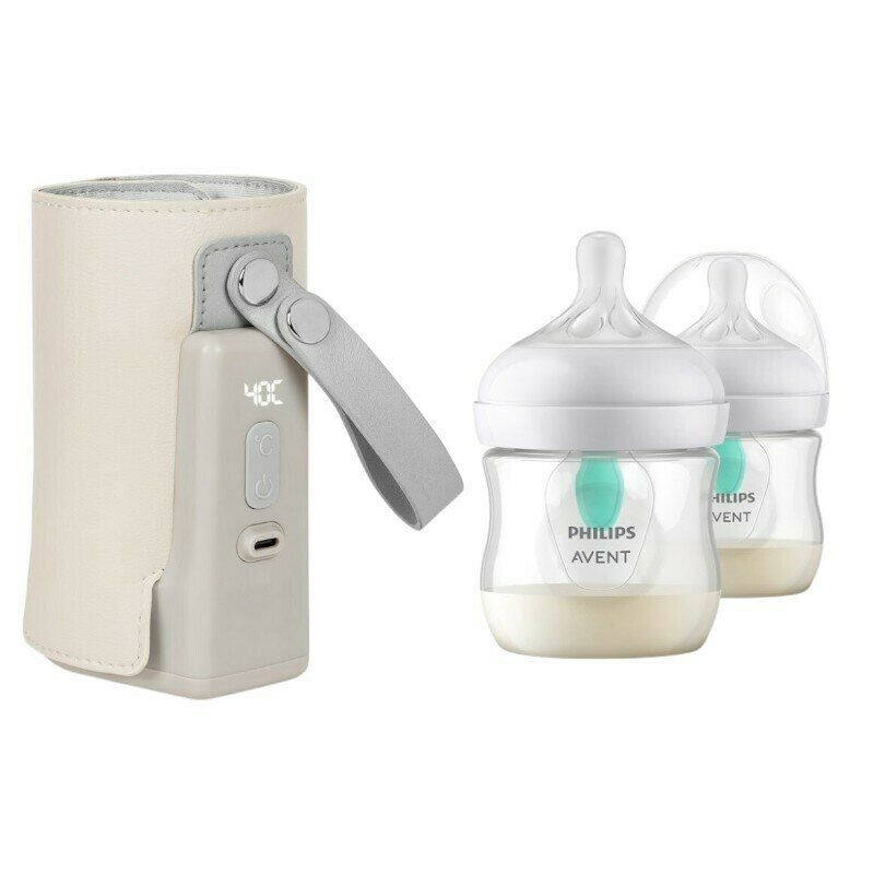 Set incalzitor biberoane, Lionelo, ThermUp Go Plus, portabil, USB, Bej + 2x biberoane, Philips Avent, Cu supapa AirFree, 0 luni+, 125 ml, Alb