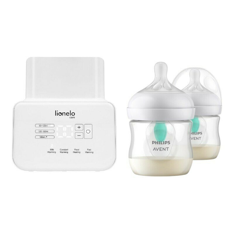 Set incalzitor biberoane dublu, Lionelo, ThermUp Double, multifunctional + 2x biberoane, Philips Avent, Cu supapa AirFree, 0 luni+, 125 ml, Alb