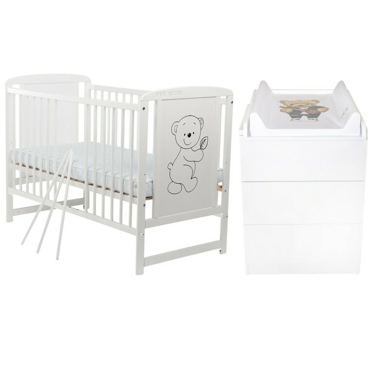 Set mobilier pentru copii, BabyNeeds: Patut din lemn de pin si MDF, cu somiera reglabila in 3 trepte, Timmi, 120x60 cm + Saltea cocos-burete-cocos, 12 cm + Comoda cu masuta de infasat, Alb