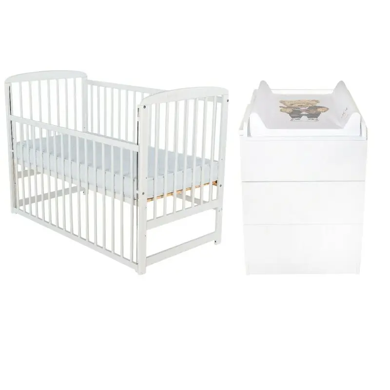 Set mobilier pentru copii, BabyNeeds: Patut din lemn de pin, cu laterala culisanta si somiera reglabila in 3 trepte, Ola, 120x60 cm + Saltea cocos-burete-cocos, 12 cm + Comoda cu masuta de infasat, Alb