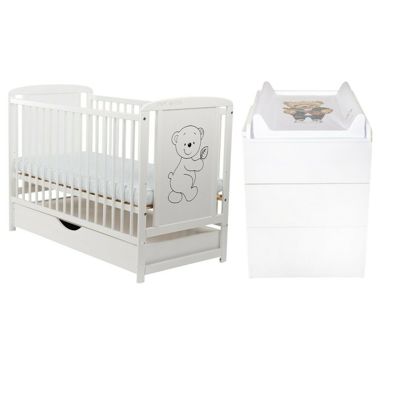 Set mobilier pentru copii, BabyNeeds: Patut din lemn de pin, cu sertar cu capac si somiera reglabila in 3 trepte, Timmi, 120x60 cm + Saltea cocos-burete-cocos, 12 cm + Comoda cu masuta de infasat, Alb