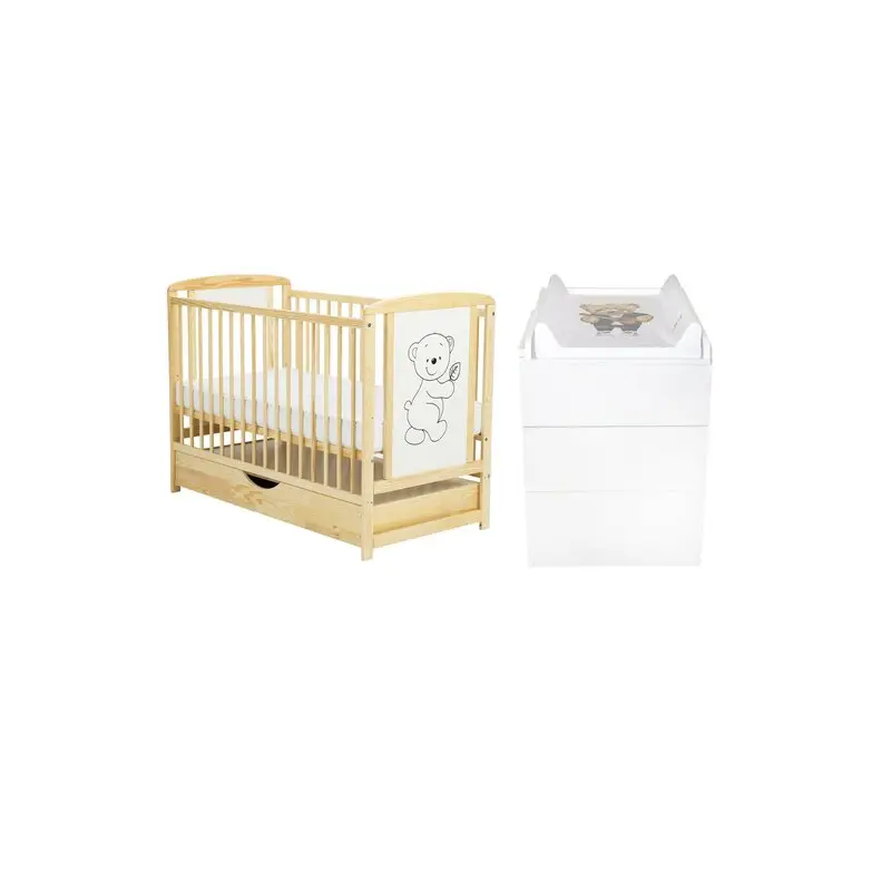 Set mobilier pentru copii, BabyNeeds: Patut din lemn de pin si MDF, cu sertar cu capac si somiera reglabila in 3 trepte, Timmi, 120x60 cm + Saltea cocos-burete-cocos, 12 cm + Comoda cu masuta de infasat, Alb/ Natur