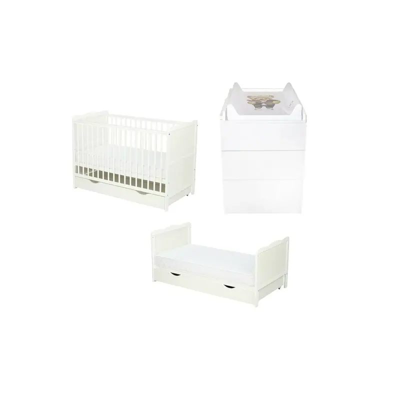 Set mobilier pentru copii, Qmini: Patut multifunctional din lemn de pin, cu sertar si somiera reglabila in 3 trepte, Julia, cu protectie dentitie, 120x60 cm + Saltea cocos-burete 8 cm + Comoda Qmini cu masa infasat, Alb